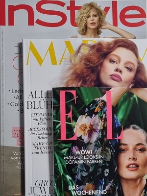 Foto der drei Zeitschriften "Instyle", "Madame" und "Elle", die im Paket A enthalten sind