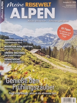 Foto der Zeitschrift mit dem Titel "Reisewelt Alpen"